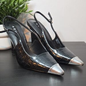 Aqua Black Croc-Embossed Slingback Pumps with Silver Cap Toe